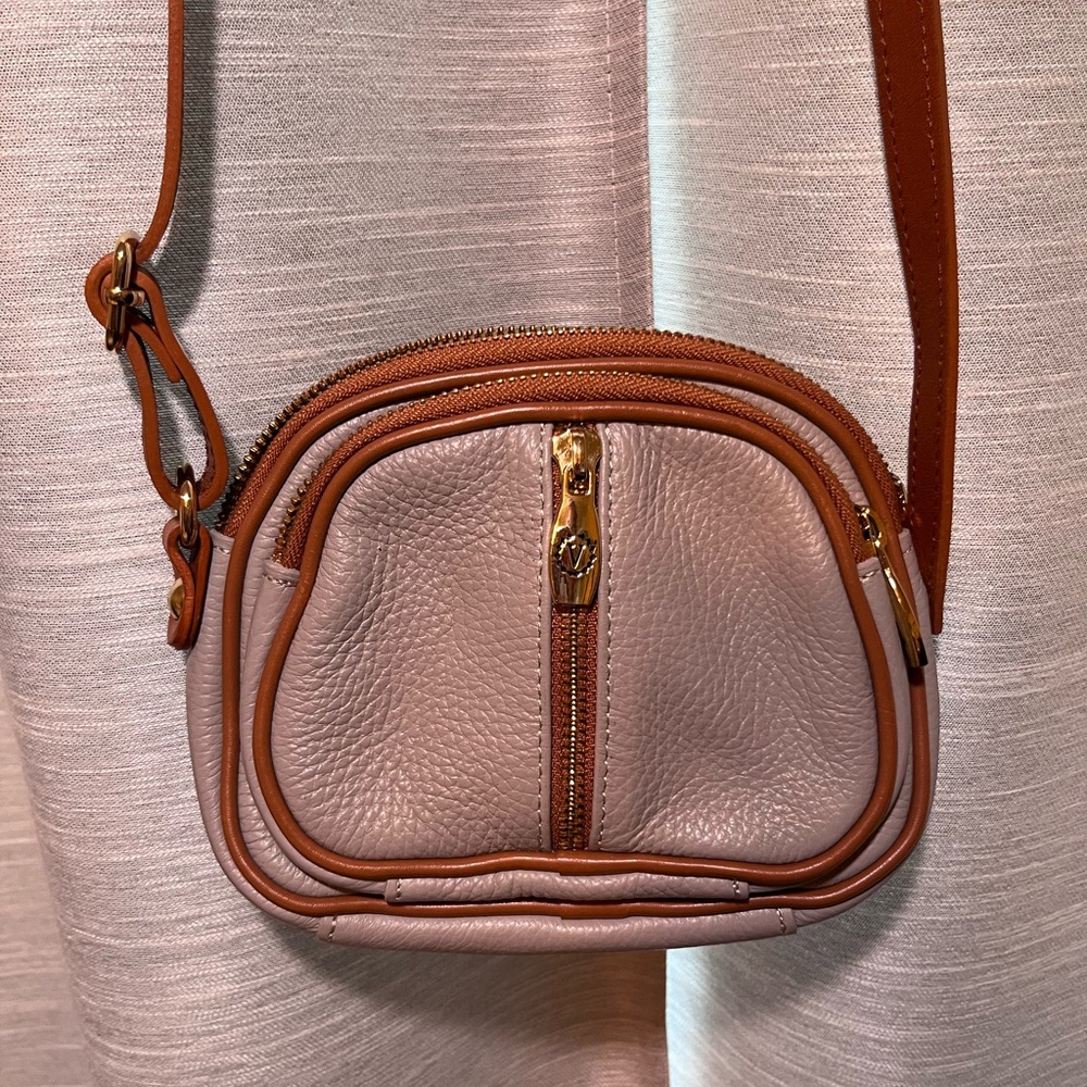 Valentina light gray and Brown Leather Crossbody Bag